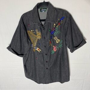 Vintage Funsport Black Embroidered Chambray Short Sleeve Button Up Top L